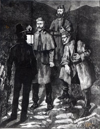 アイルランドの州：警察のパトロールは「イラストレイテッドロンドンニュース」c.1880から容疑者に異議を申し立てます 作： Aloysius C. O